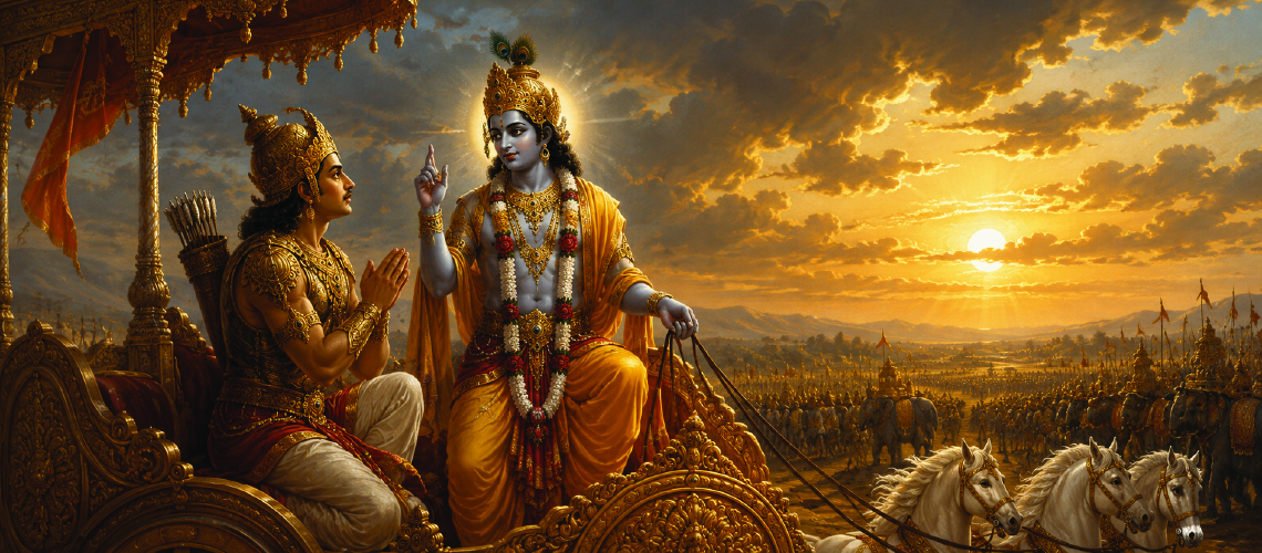Krishna and Arjuna on the battlefield of Kurukshetra